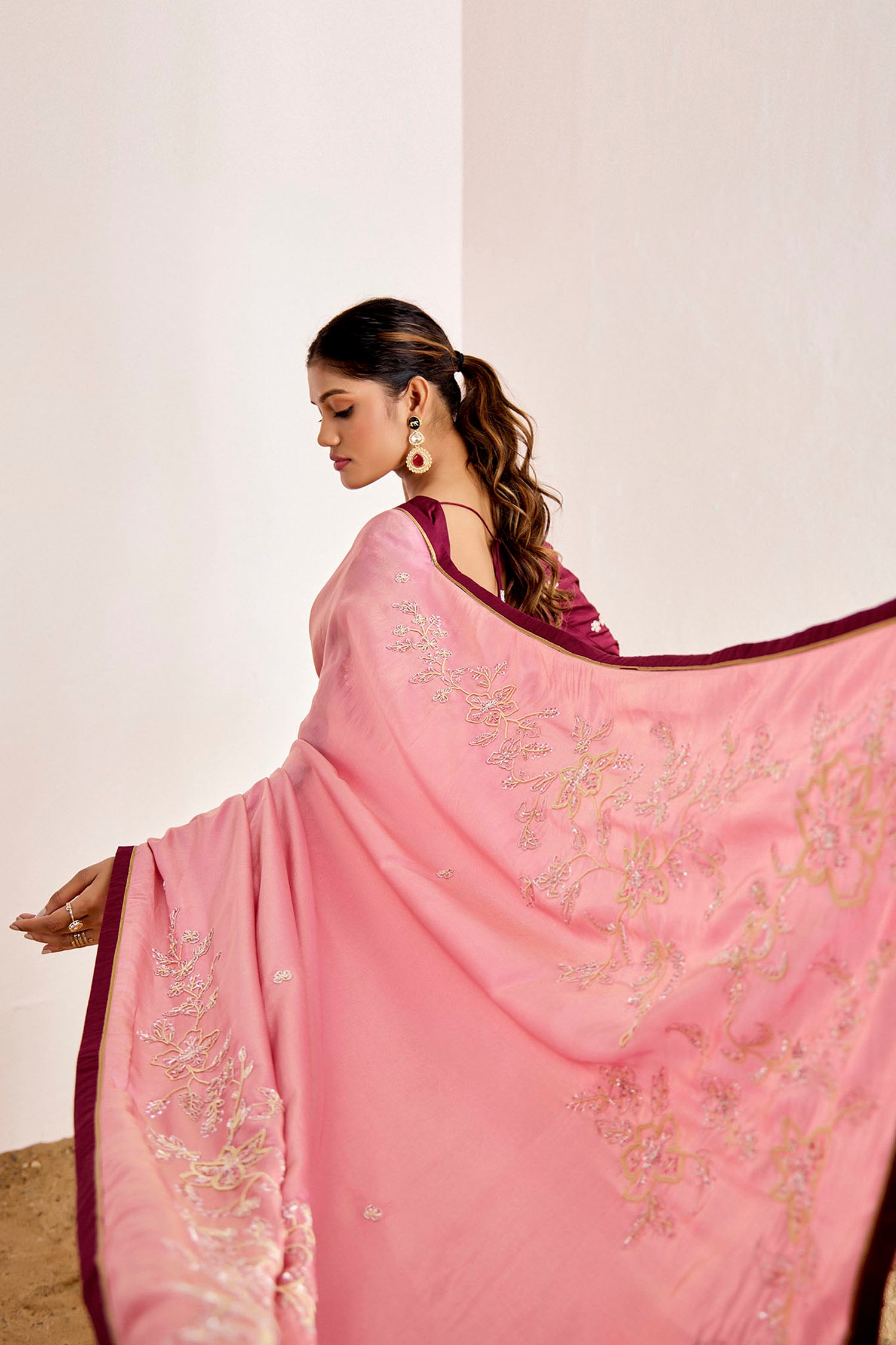 Shimmer Saree with Hand Embroidered Pallu and Embroidered Sleeve Blouse