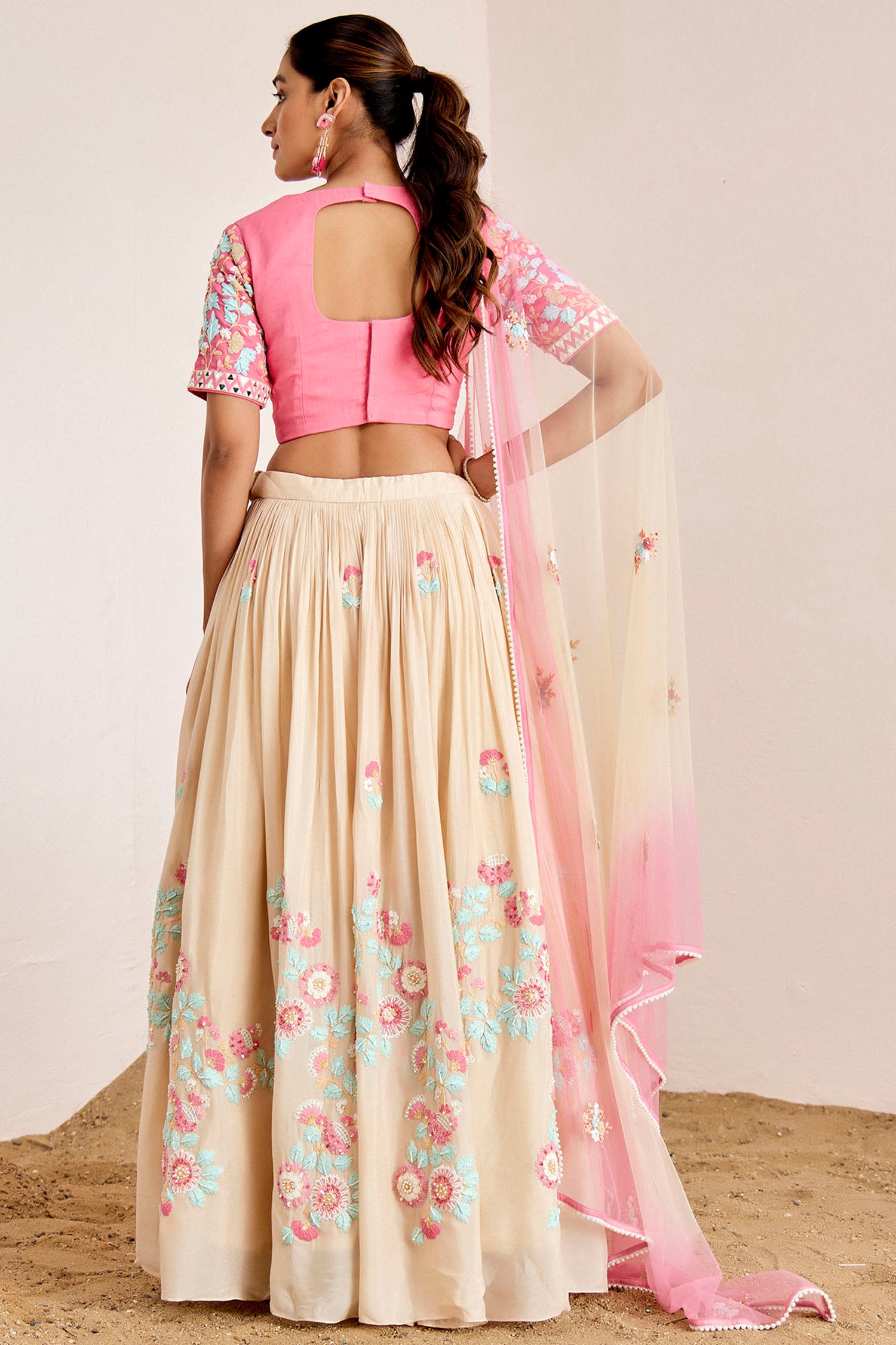 Mirror Work Blouse with Embroidered Lehenga and Shaded Net Dupatta