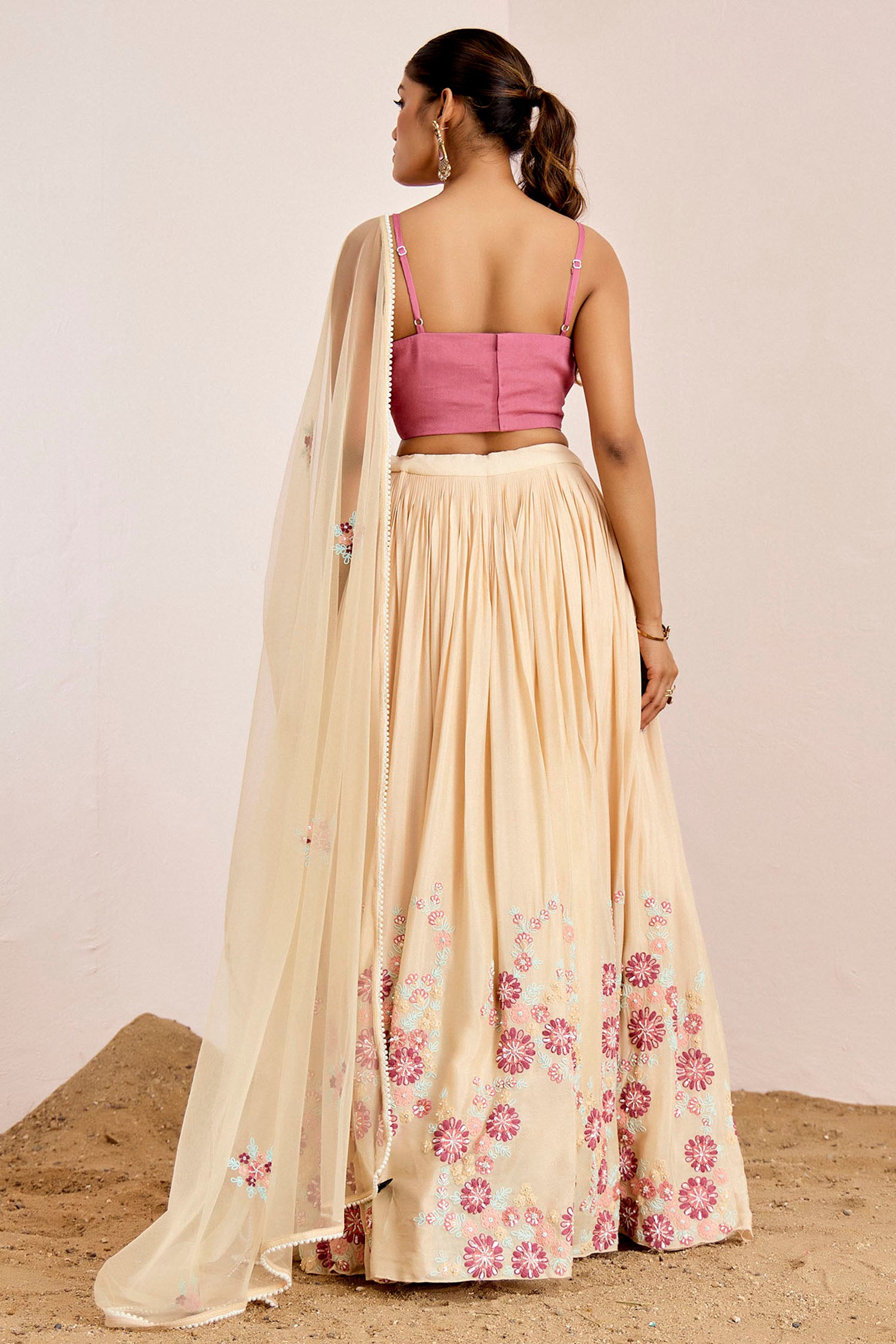 Hand Embroidered Blouse with Pleated Lehenga and Pearl Lace Net Dupatta