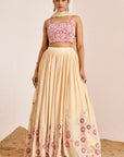 Hand Embroidered Blouse with Pleated Lehenga and Pearl Lace Net Dupatta