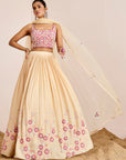Hand Embroidered Blouse with Pleated Lehenga and Pearl Lace Net Dupatta