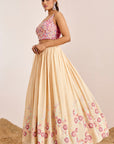Hand Embroidered Blouse with Pleated Lehenga and Pearl Lace Net Dupatta