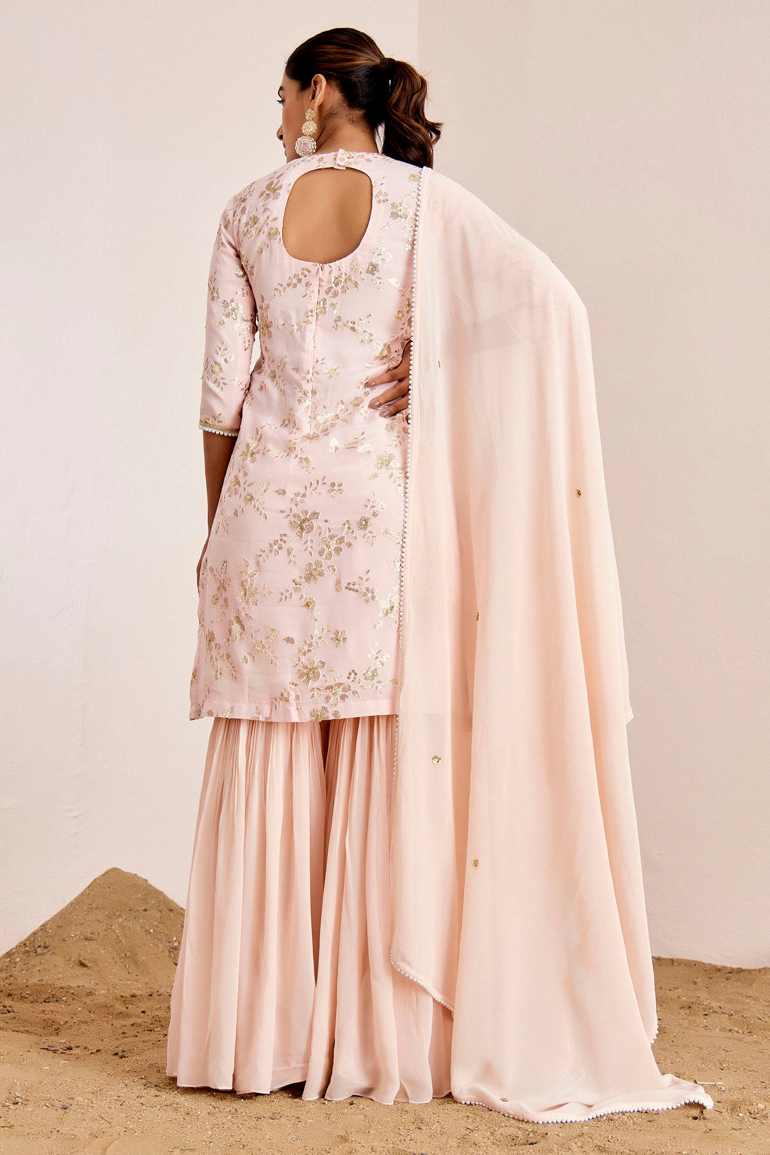 Sequin Embroidered Kurti with Sharara and Hand Embroidered Buti Dupatta