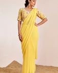 Hand Embroidered Mirror Work Blouse with Plain Pre-Draped Saree