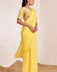 Hand Embroidered Mirror Work Blouse with Plain Pre-Draped Saree