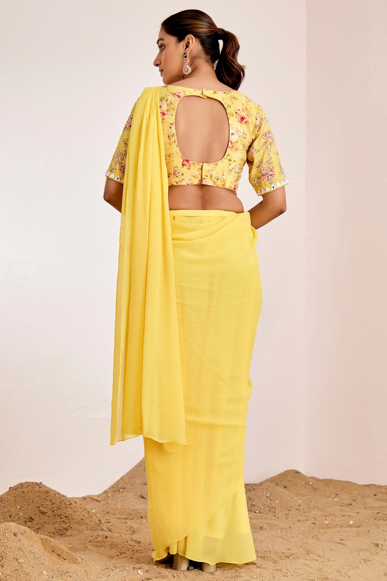 Hand Embroidered Mirror Work Blouse with Plain Pre-Draped Saree