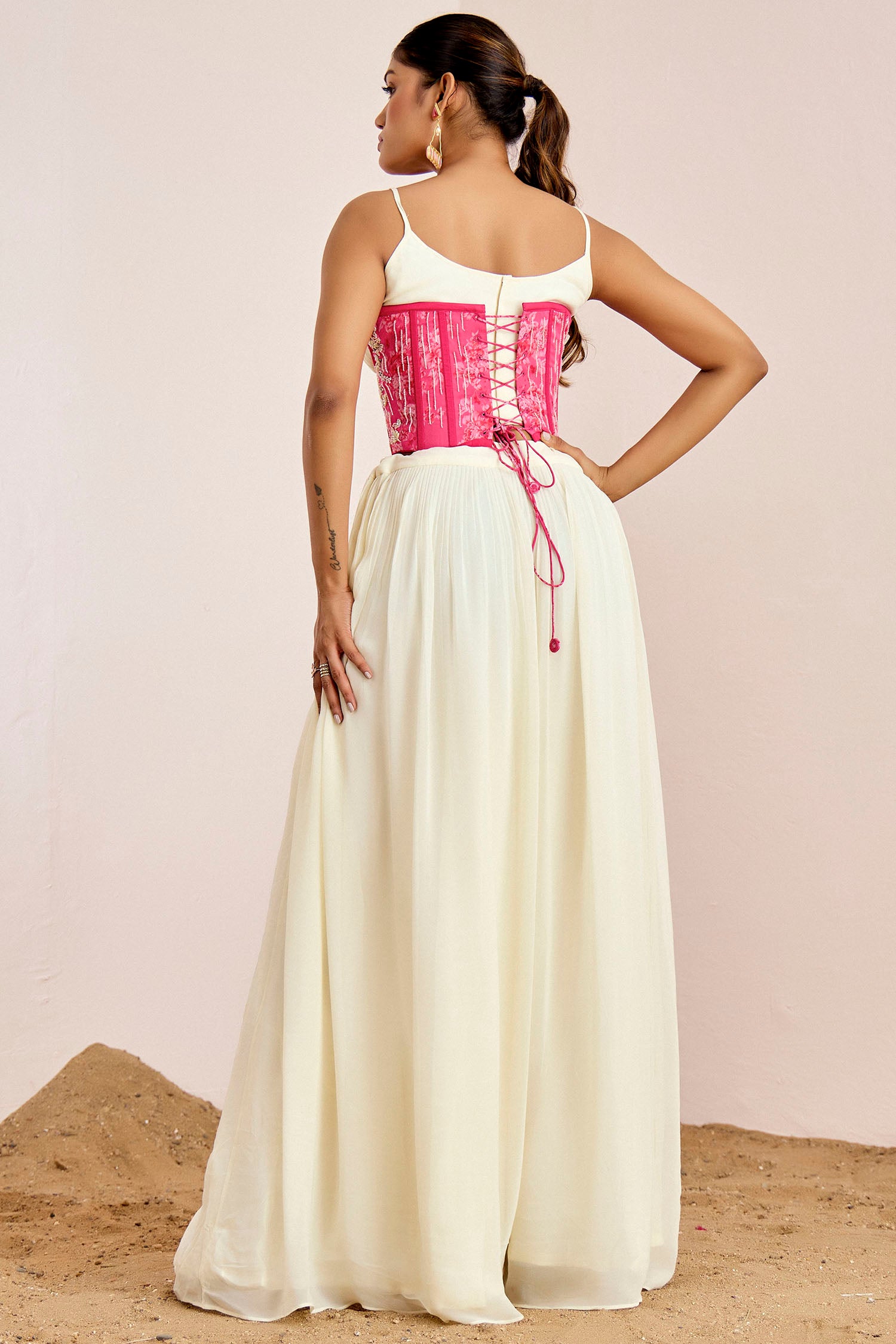 Printed Hand Embroidered Corset Crop Top with Pleated Pants