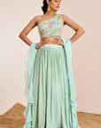 Zigzag Sequin Lehenga with One Shoulder Hand Embroidered Blouse and Ruffle Dupatta