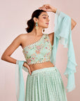 Zigzag Sequin Lehenga with One Shoulder Hand Embroidered Blouse and Ruffle Dupatta