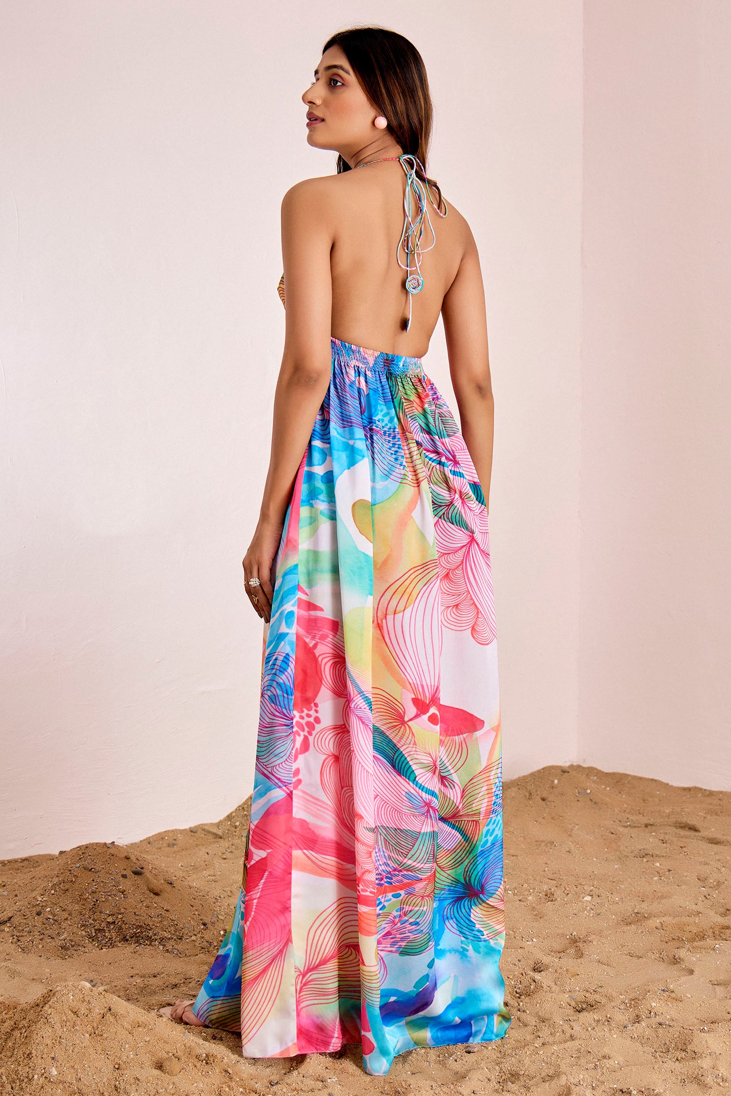 Backless Long Dress with Plunging Neckline and Tie-Up Back
