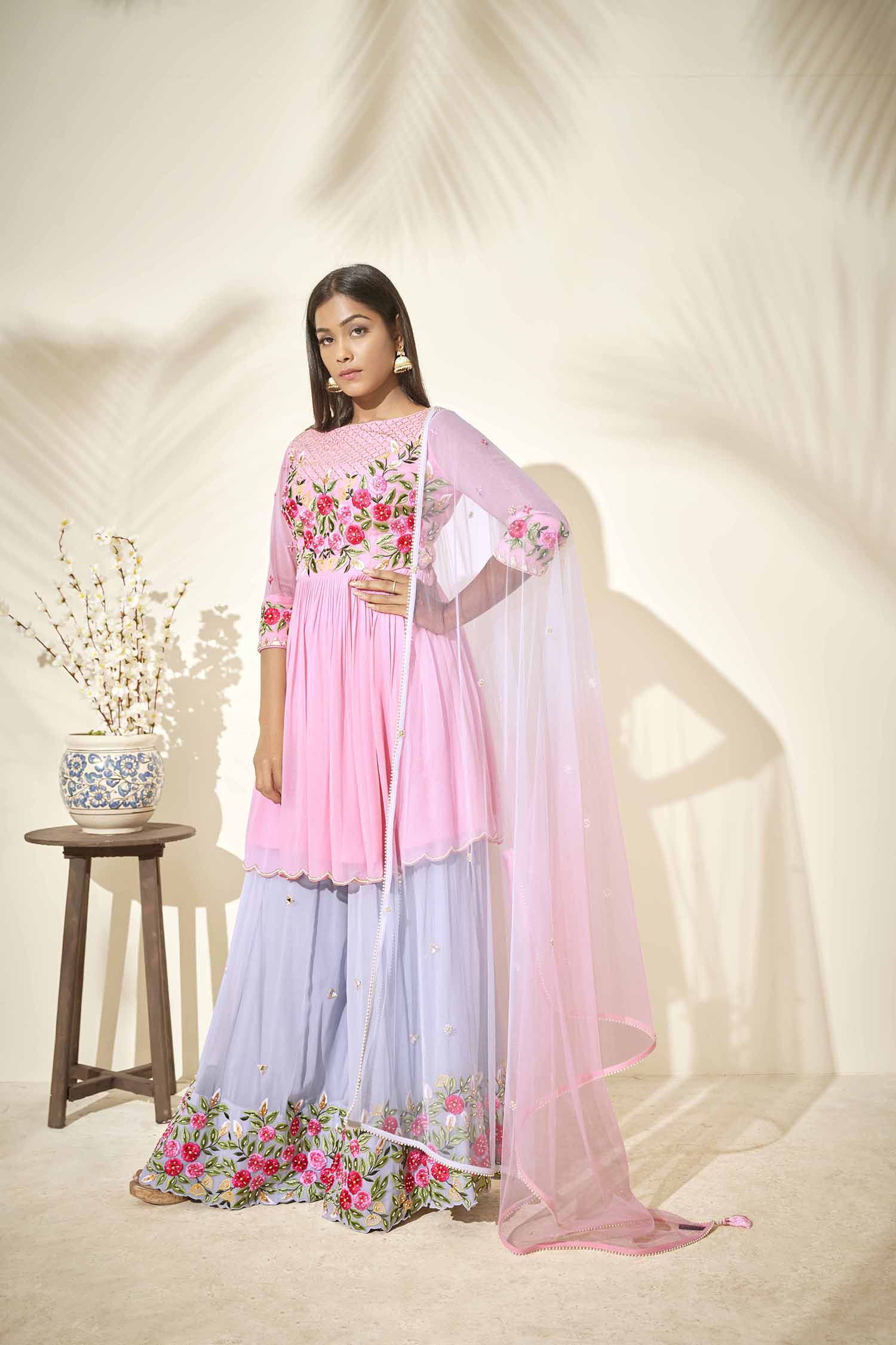 Sequin Embroidered Ombre Anarkali with Pleated Flare - Pink