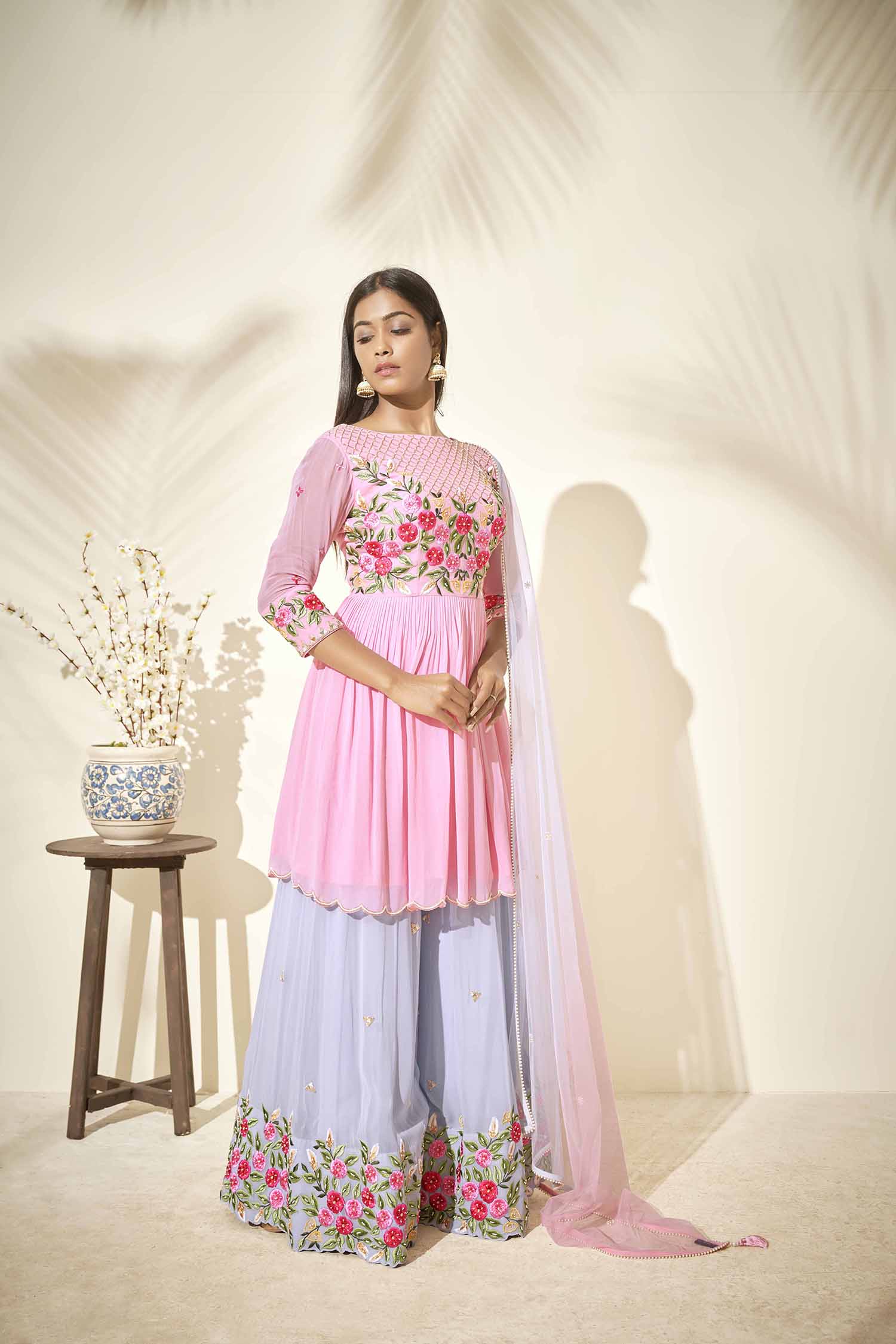 Sequin Embroidered Ombre Anarkali with Pleated Flare - Pink