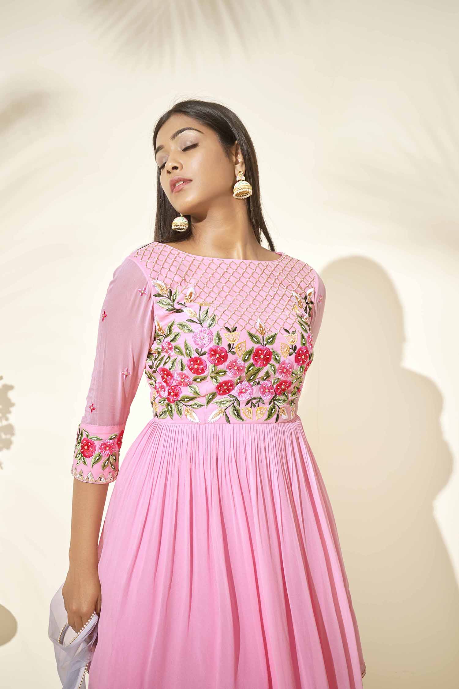 Sequin Embroidered Ombre Anarkali with Pleated Flare - Pink