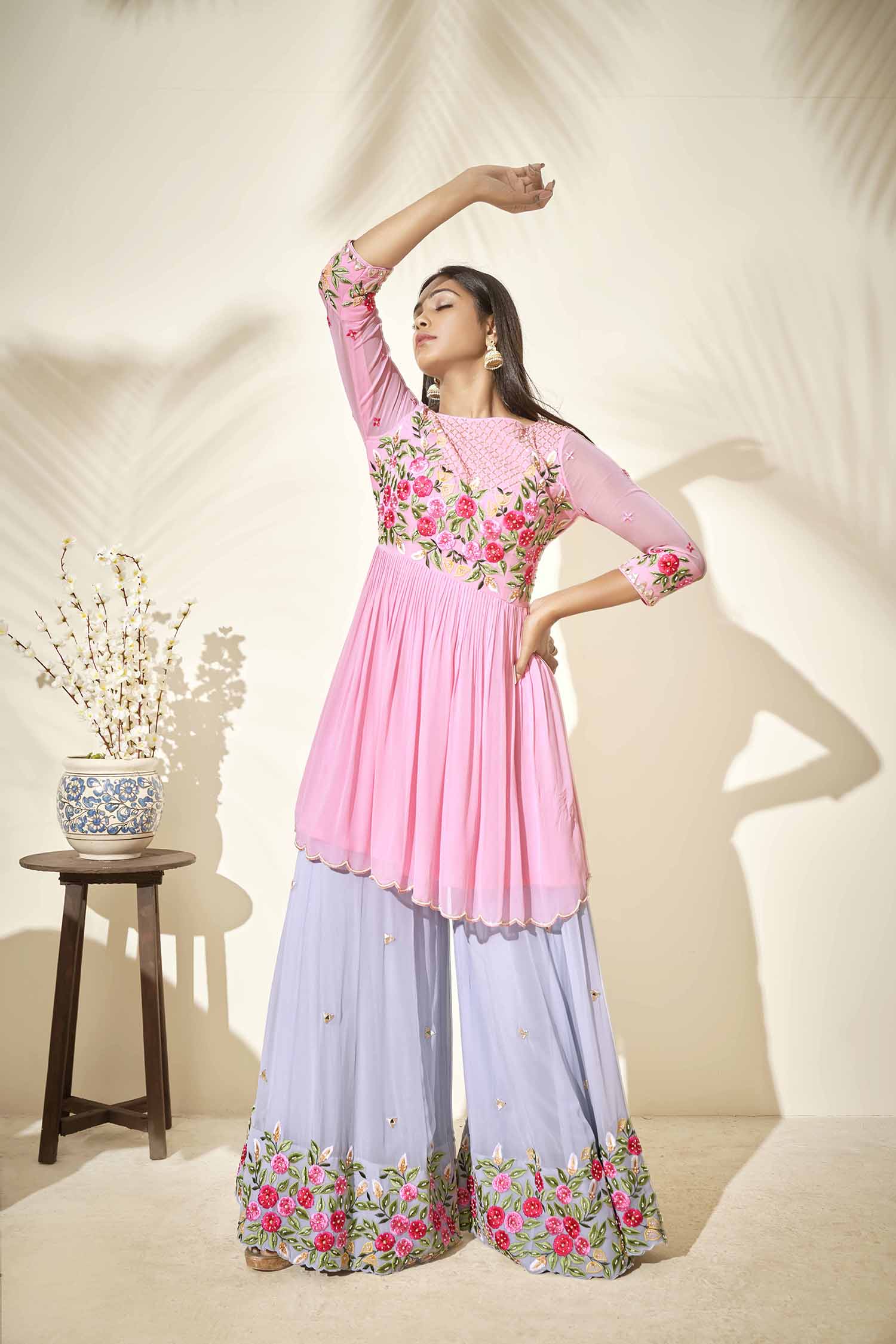 Sequin Embroidered Ombre Anarkali with Pleated Flare - Pink