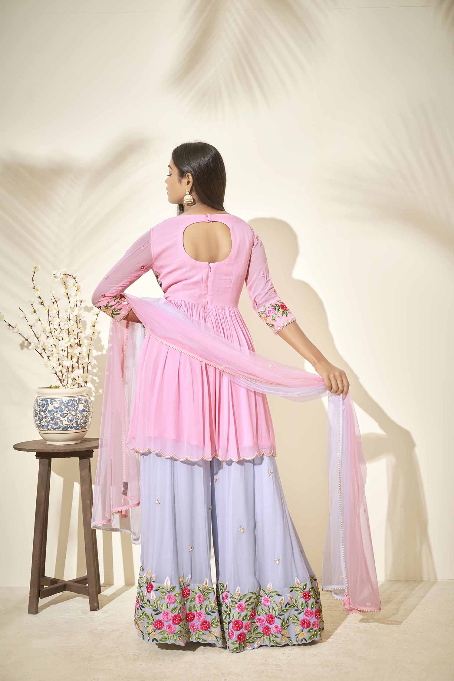 Sequin Embroidered Ombre Anarkali with Pleated Flare - Pink