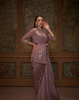 Pre Draped Mirror Work Smoked Blouse Saree in Yellow Crepe