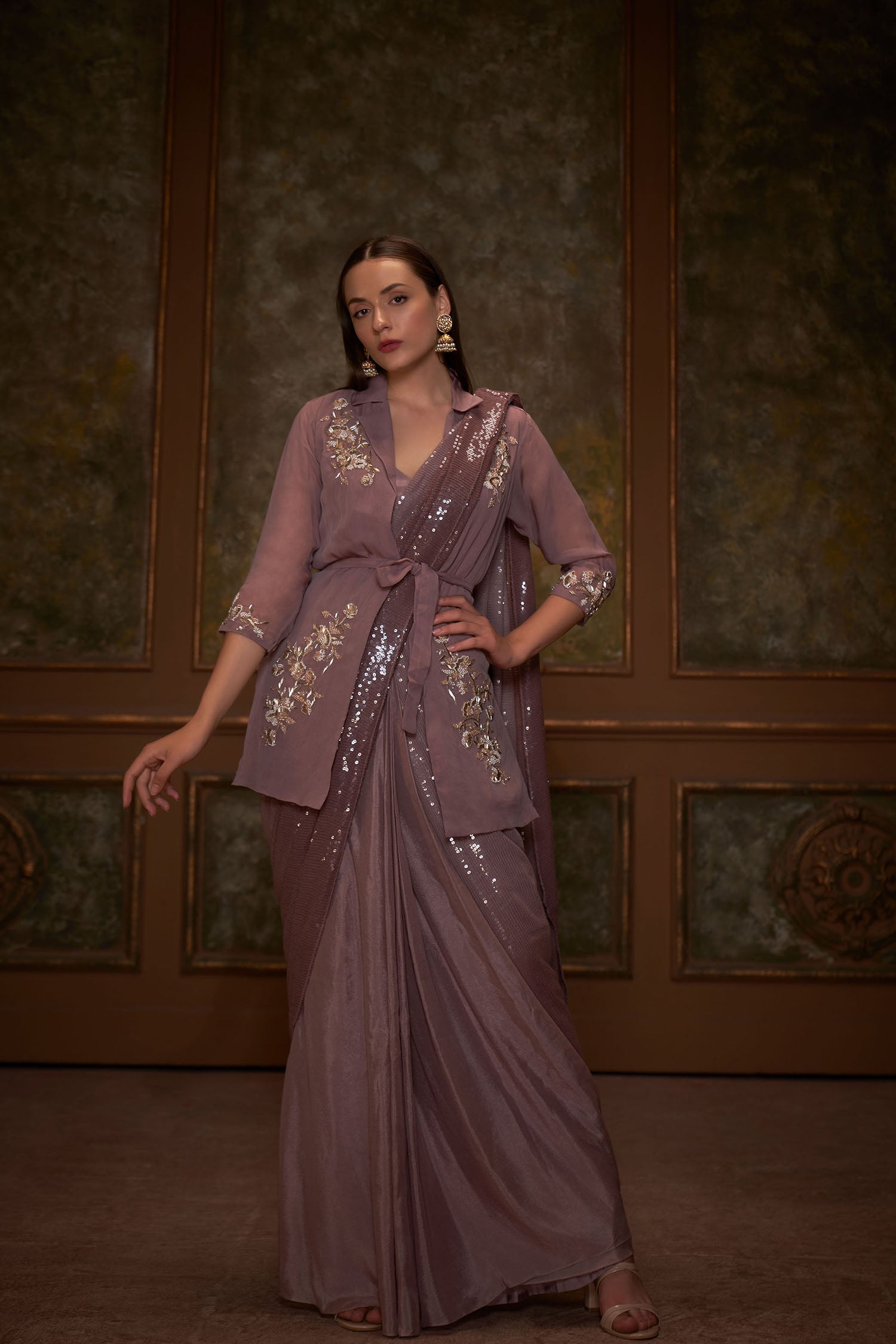 Pre Draped Mirror Work Smoked Blouse Saree in Yellow Crepe