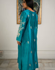 Khushboo & Pankaj Teal Blue Kurta Set with Intricate Silver Work