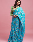 Turquoise Georgette & Recycled Polyester Barfi Saree Set