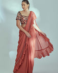 Lilac Pant Saree with Chic Drape and Attached Collar Blouse
