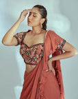 Lilac Pant Saree with Chic Drape and Attached Collar Blouse
