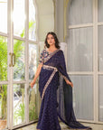 Blush Pink Printed Saree with Elegant Padded Blouse in Tussar Silk and Georgette