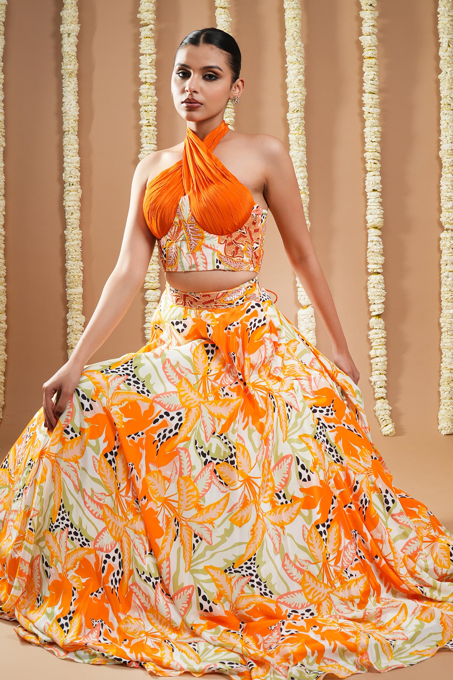 Forest Orange Printed Corset Drape Indo Lehenga Set (Set Of 2)