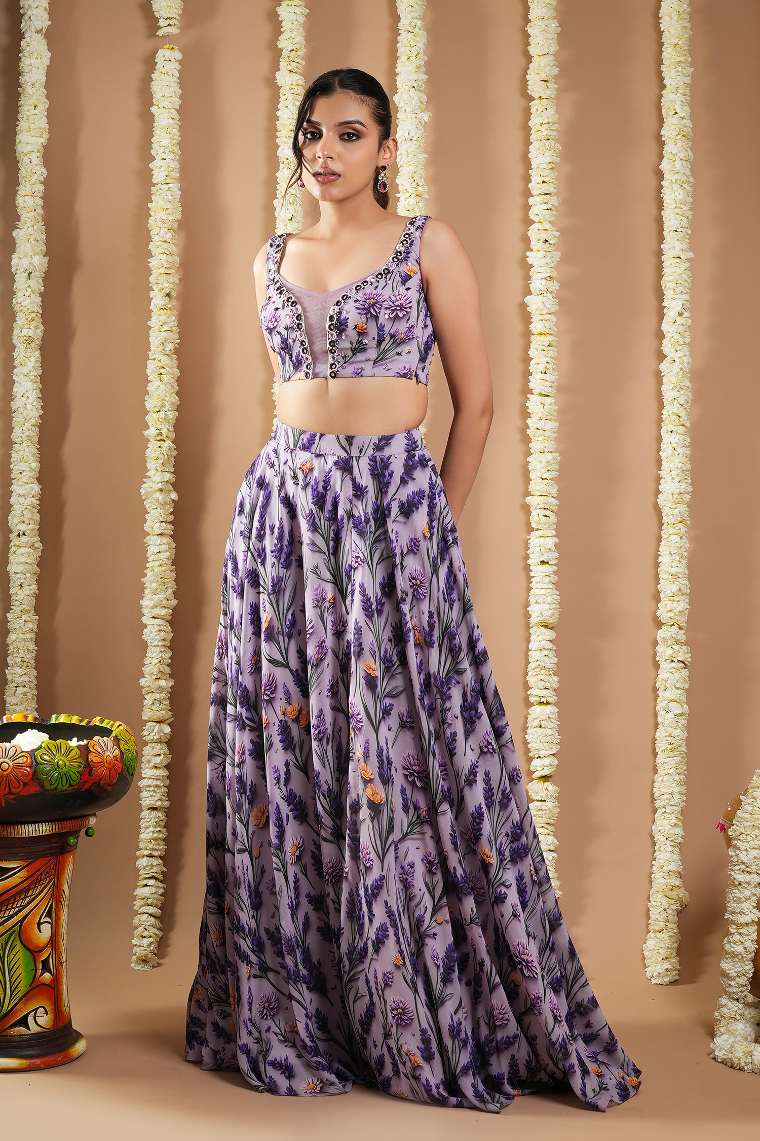 Violet-Lilac Printed Indo Lehenga Set (Set Of 2)