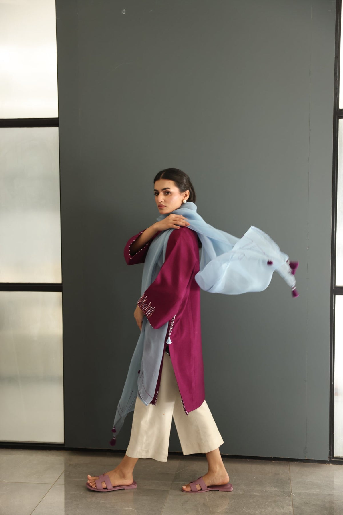 Khushboo &amp; Pankaj Wine Berry Kurta Set with Organza Dupatta