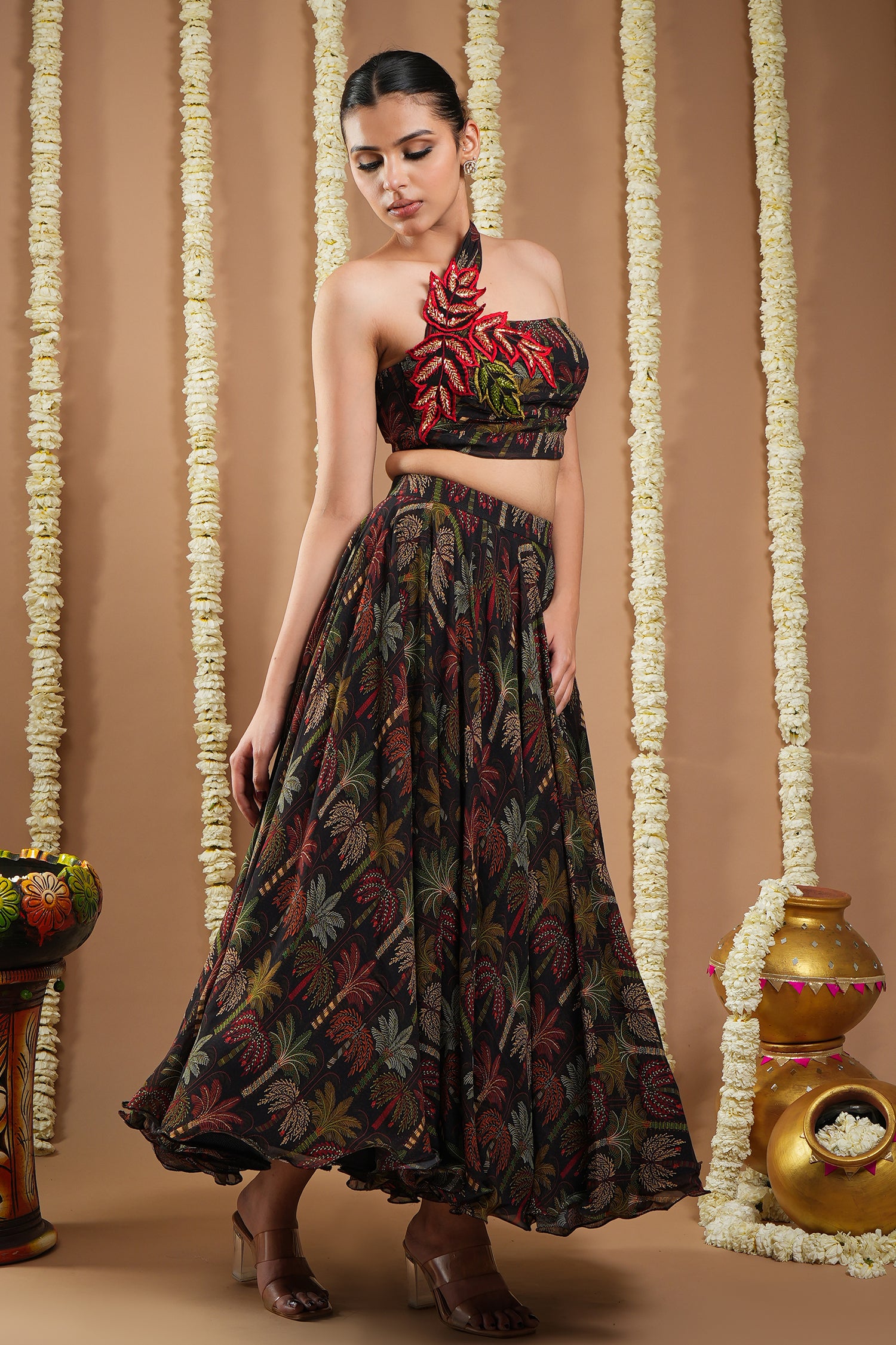 Black Printed Drape Top And Skirt Set (Set Of 2