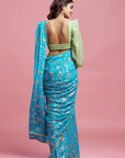 Turquoise Georgette & Recycled Polyester Barfi Saree Set