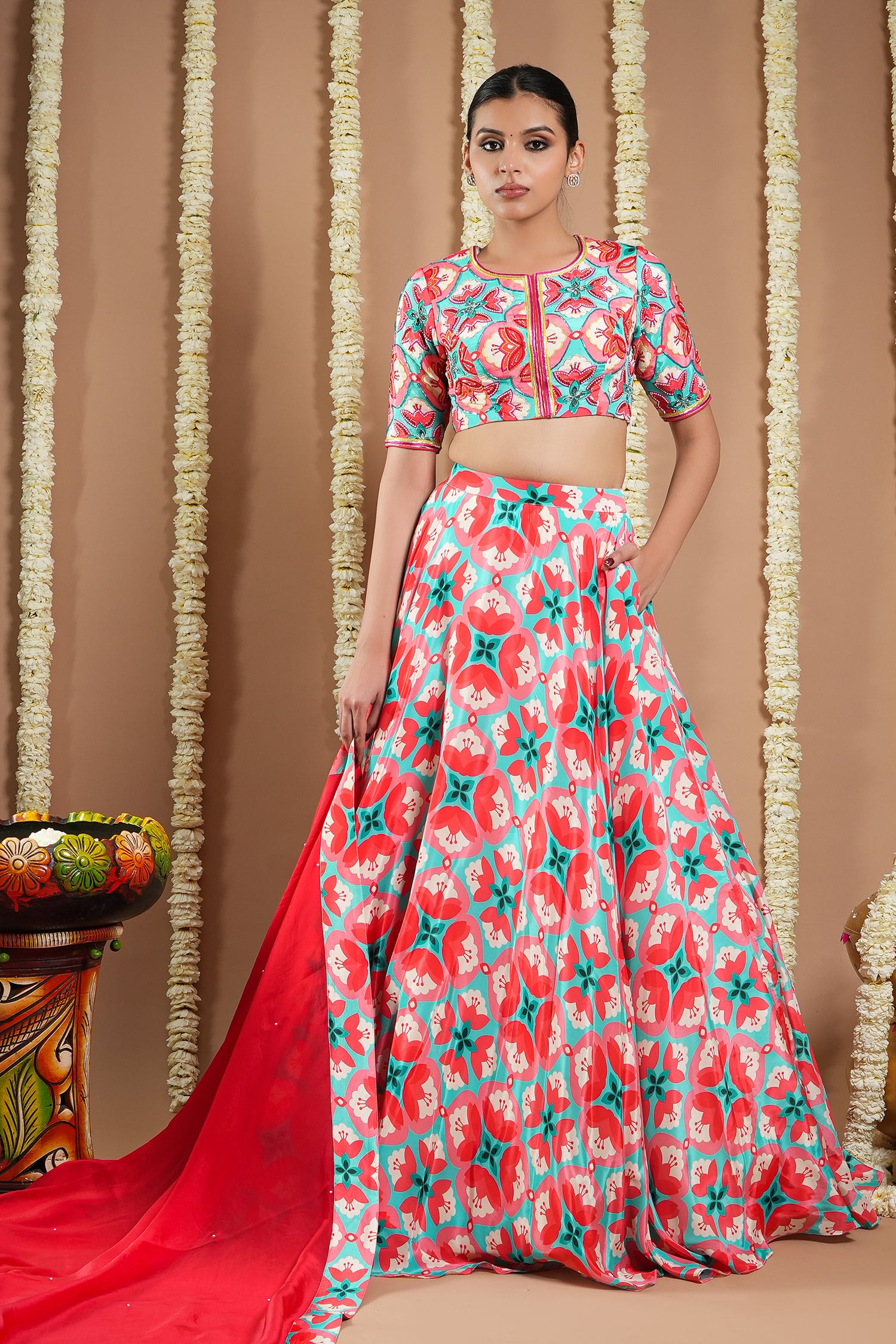 Red Tile Printed Heavy Lehenga Set (Set Of 3)