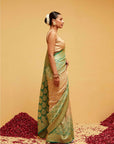 Traditional Banarasee Bandhani Georgette Saree in Green and Peach