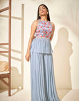 Crepe and Organza Drape Skirt Set in Mint Green