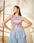 Crepe and Organza Drape Skirt Set in Mint Green
