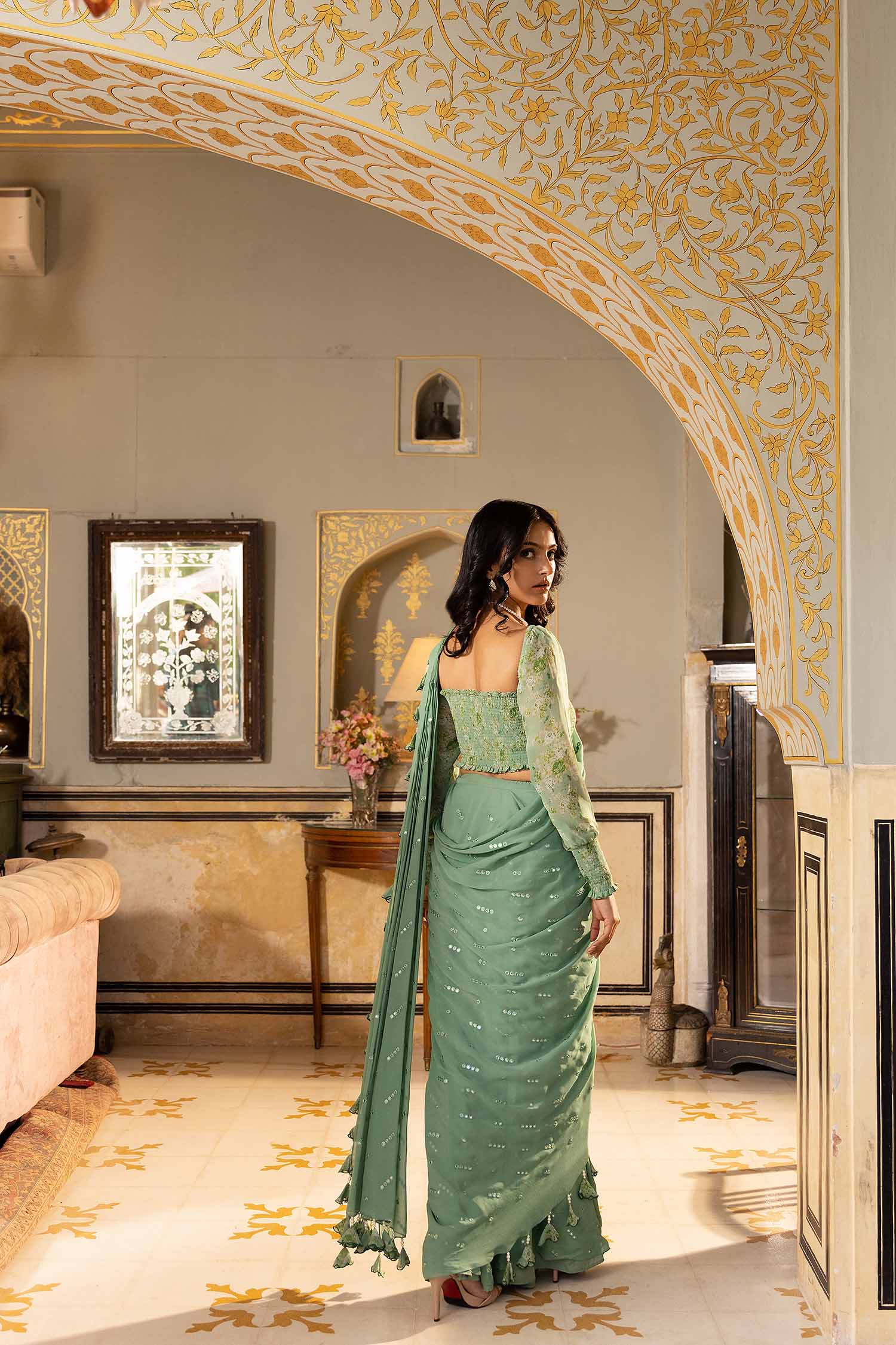 Blush Pink Printed Saree with Elegant Blouse - Green