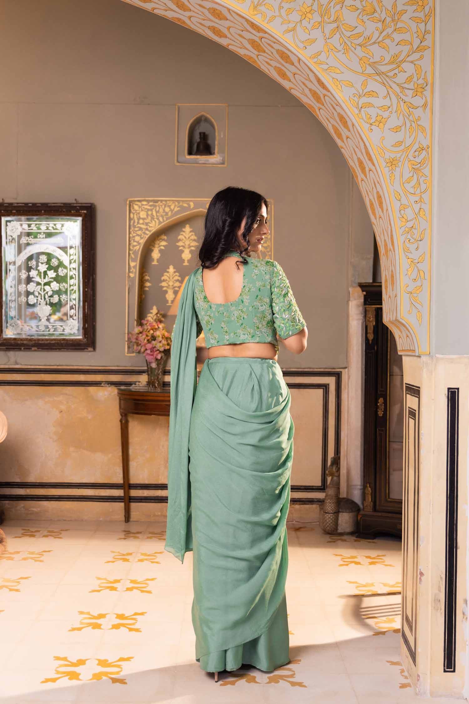 Stunning Pre Draped Saree, Flawlessly Paired with an Intricately Hand Crafted Blouse