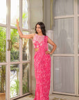 Elegant Blush Pink Printed Saree with Hand-Embroidered Blouse