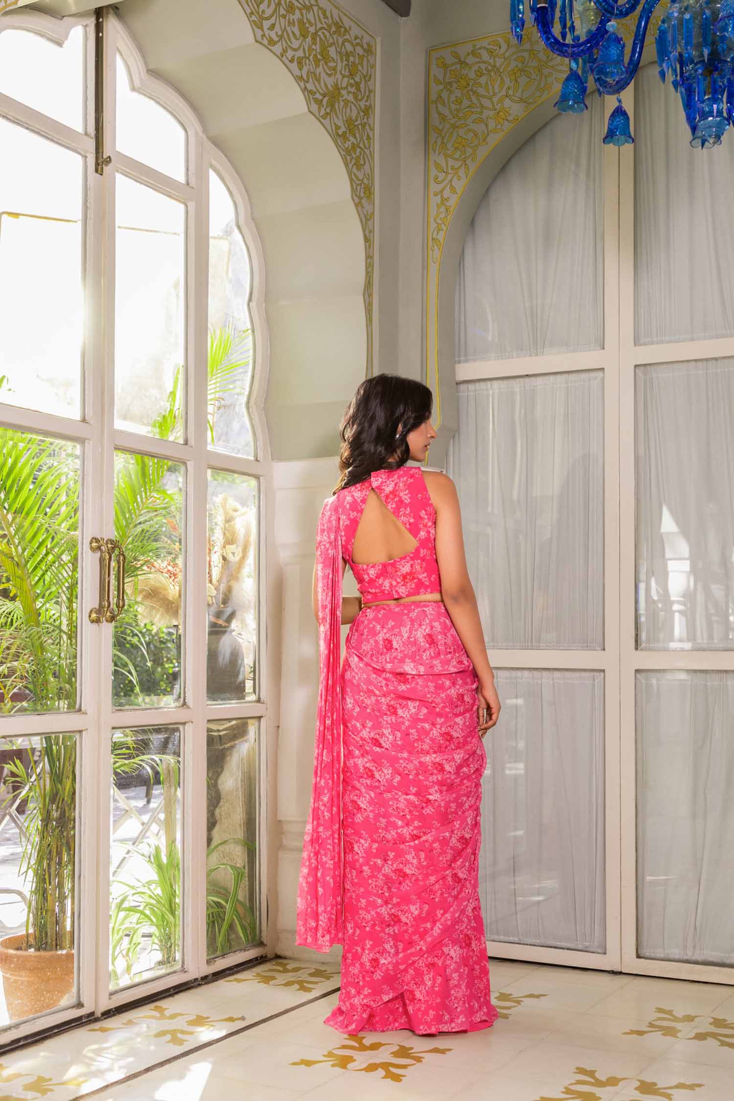Elegant Blush Pink Printed Saree with Hand-Embroidered Blouse