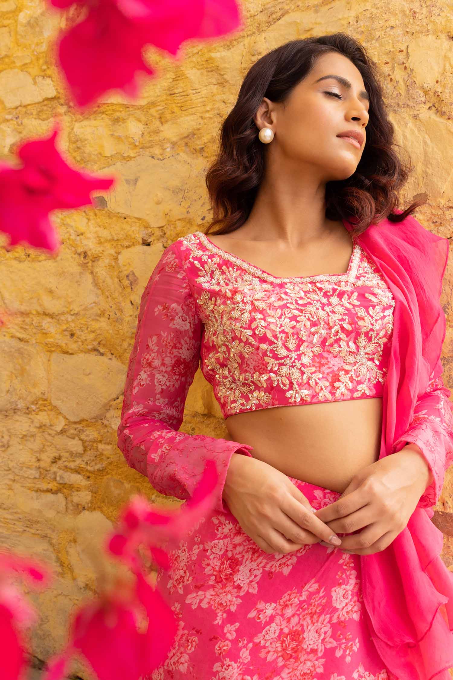Blush Pink Printed Saree with Elegant Padded Blouse - Georgette