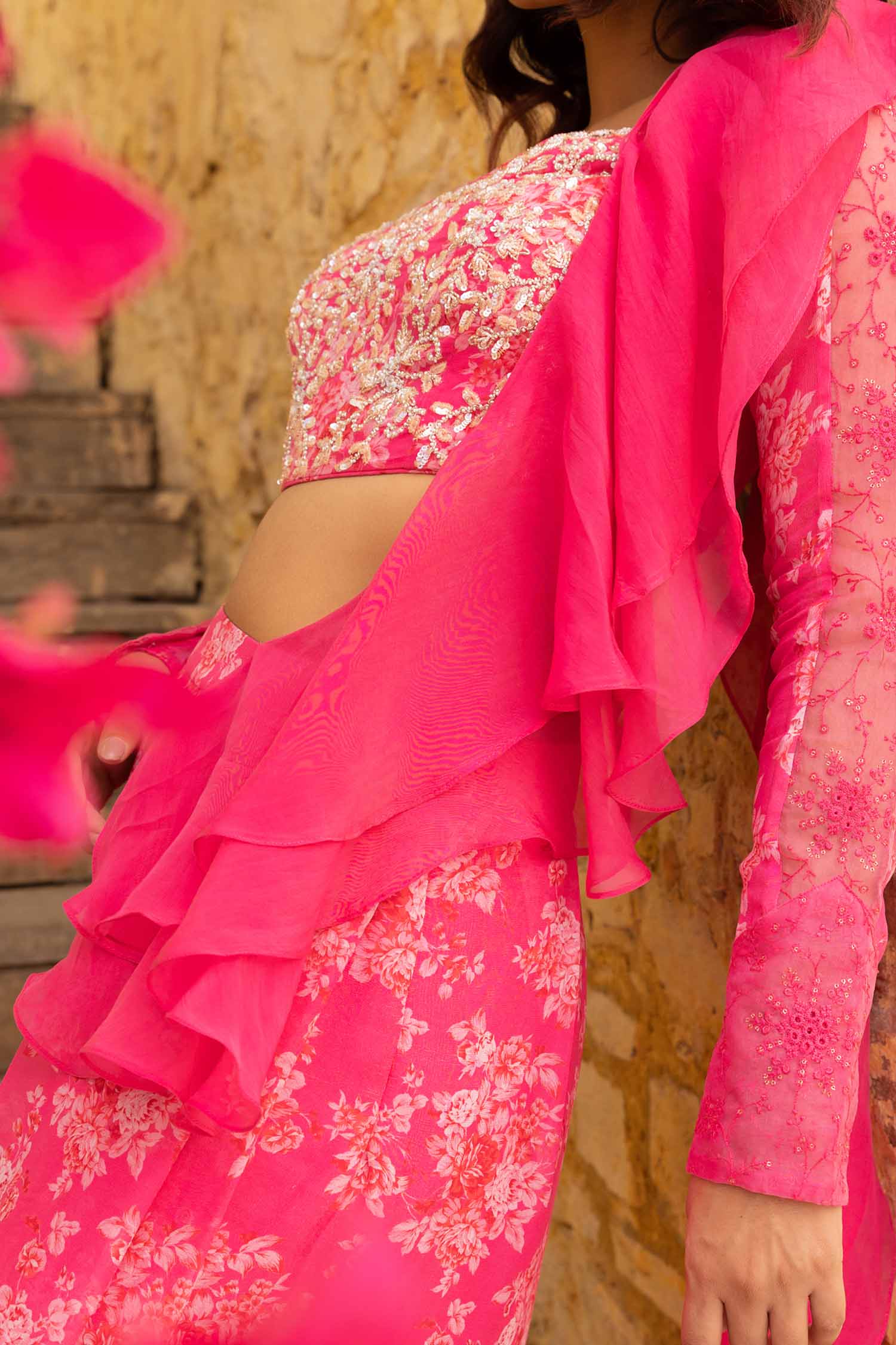 Blush Pink Printed Saree with Elegant Padded Blouse - Georgette