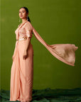 Blush Peach Printed Tussar Silk and Pre drape saree