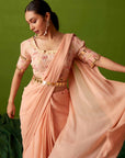 Blush Peach Printed Tussar Silk and Pre drape saree