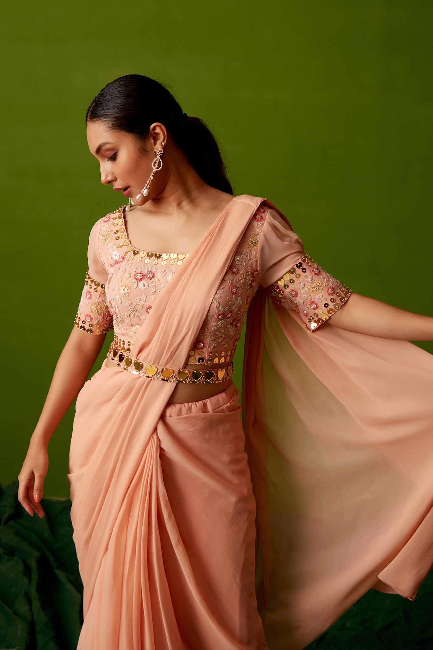 Blush Peach Printed Tussar Silk and Pre drape saree
