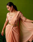 Blush Peach Printed Tussar Silk and Pre drape saree