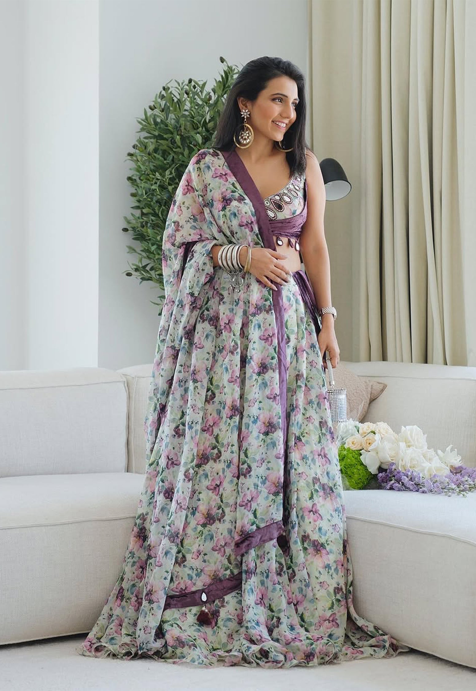 Violet African Floral Lehenga Set (Set Of 3)