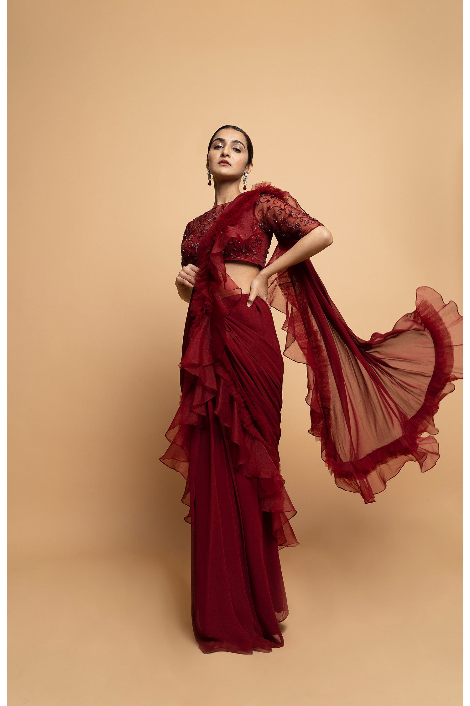 Dahlia Burgundy Pre Draped Saree