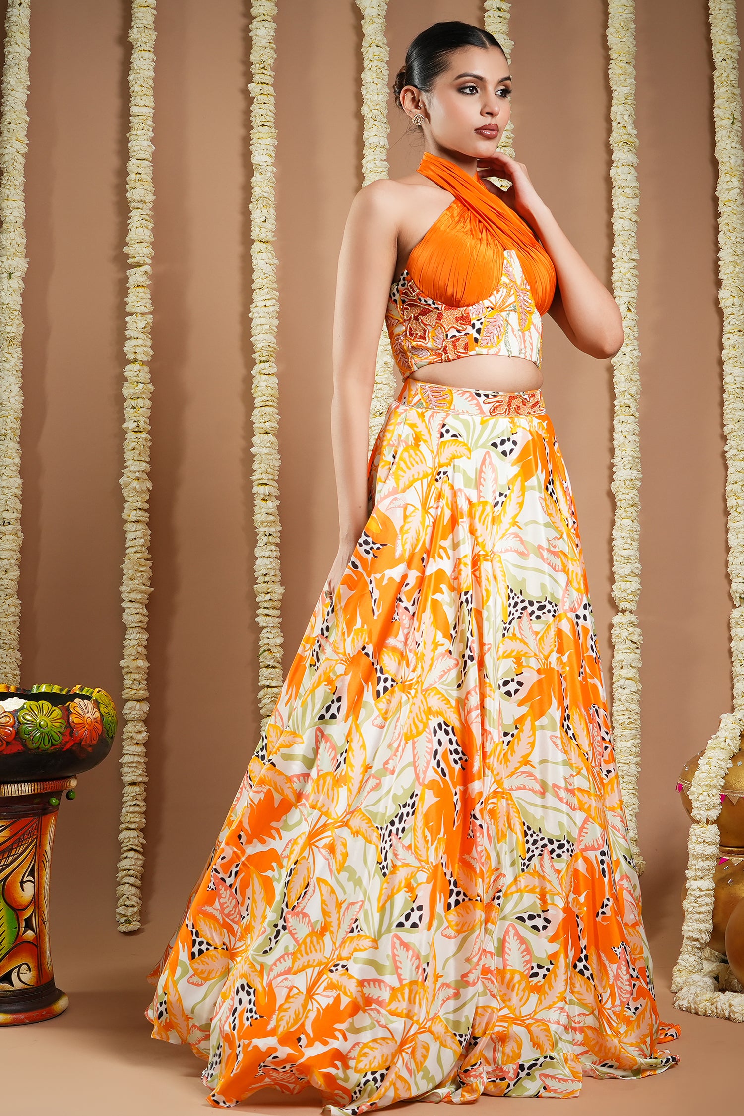 Forest Orange Printed Corset Drape Indo Lehenga Set (Set Of 2)