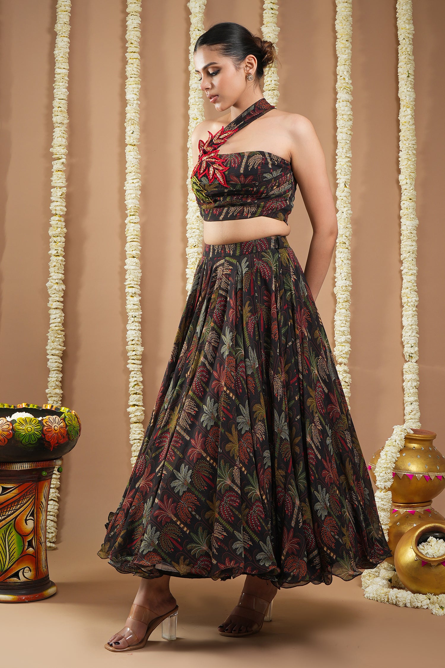 Black Printed Drape Top And Skirt Set (Set Of 2