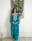 Khushboo & Pankaj Teal Blue Kurta Set with Intricate Silver Work